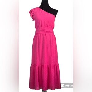 CHELSEA 28 Swiss Dot One Shoulder Pink Rouge Midi Dress Size S